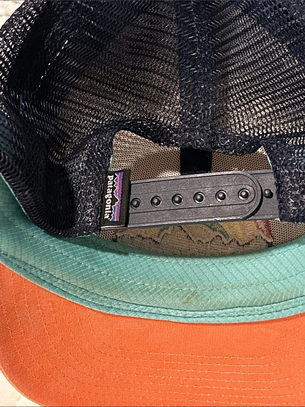 Patagonia Kids Trucker Hat with Rainbow Patch in Cream, Coral & Navy